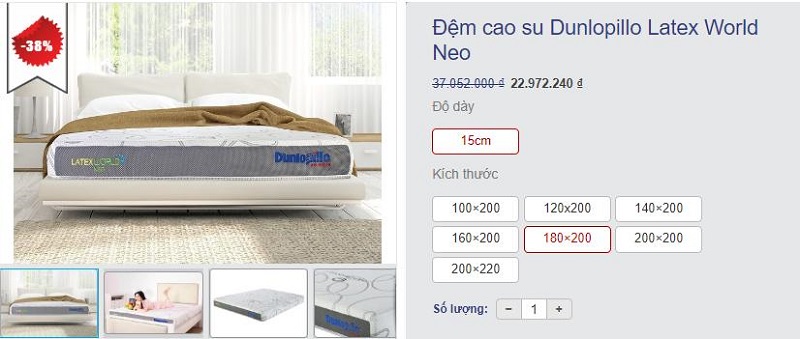 Đệm cao su Dunlopillo Latex World Neo 1m8x2mx15cm dành cho giường King Size